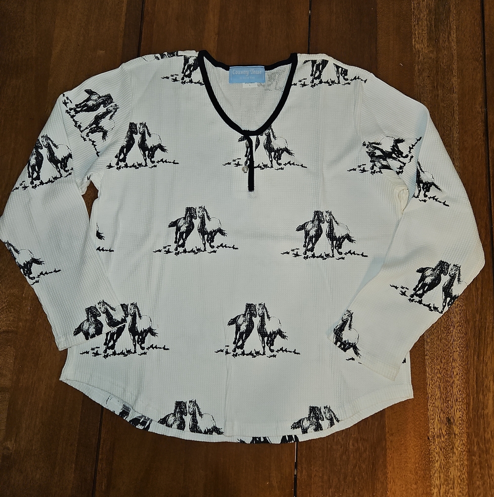 Country Tease By Adobe Rose Western Themed Horse Print Waffle Top